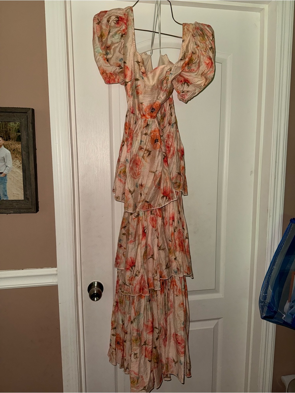 Tiered Floral Maxi Dress with Puff Sleeves in Pink Peach